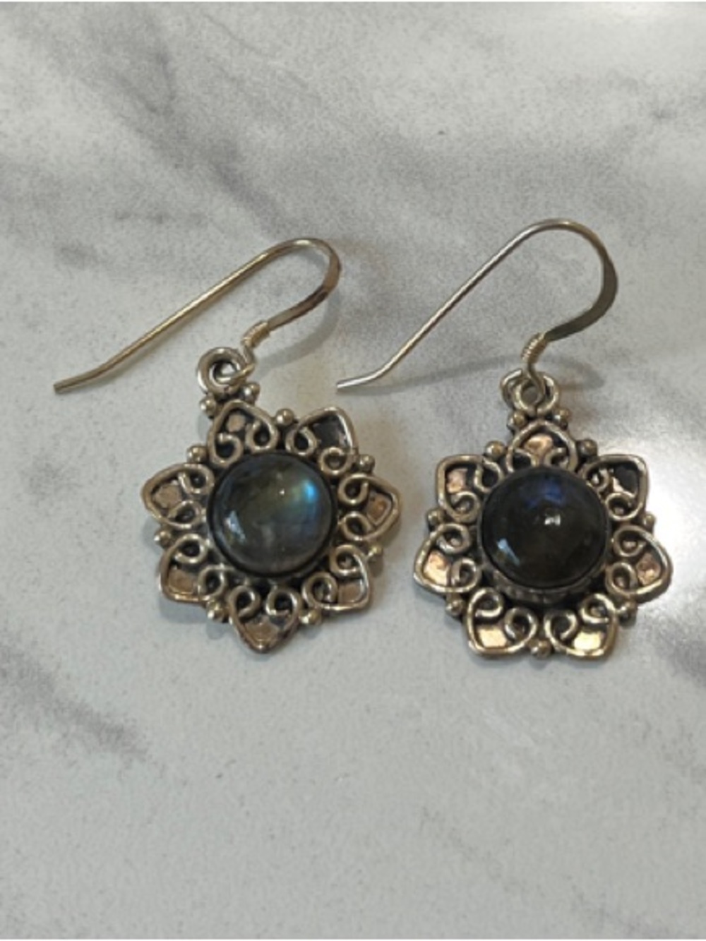 Sterling Silver Floral Drop Earrings with Labradorite Stone